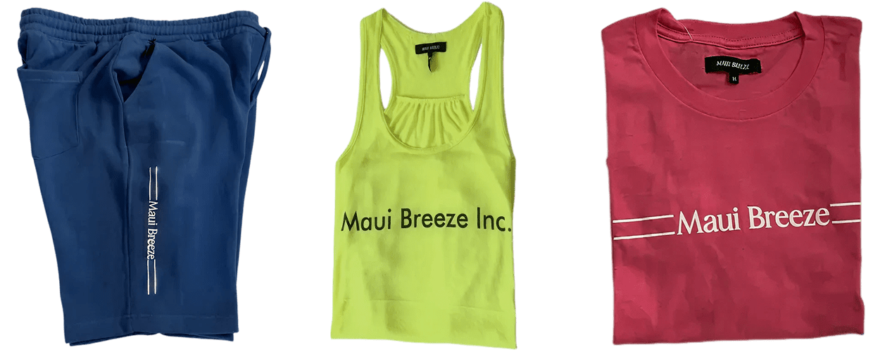 Blue shorts, yellow tank, red shirt.